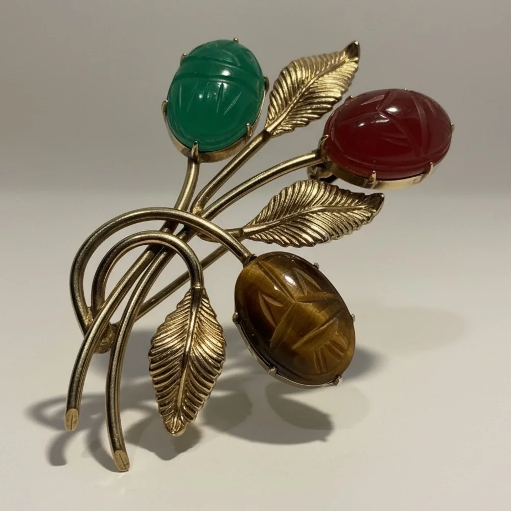 Vintage Scarab Brooch Earrings Set 12K GF Etched Gemstones Mid Century Signed